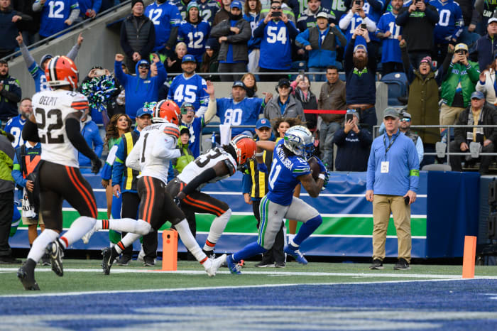 Oct 29, 2023; Seattle, Washington, USA; Seattle Seahawks wide receiver Jaxon Smith-Njigba (11) scores a touchdown against the Cleveland Browns during the second half at Lumen Field.